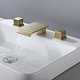 BULUXE Wasserfall-Wasserhahn für Badezimmer, gebürstetes Gold, 3 Löcher, doppelte quadratische Griffe,…
