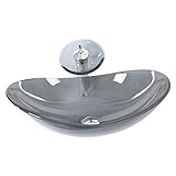 Homelavafans Modern Waschbecken Oval Grau Transparent Glas mit Wasserfall Armatur Set