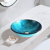 HomeLava Waschbecken Rund aus Gehärtetem Glas Aufsatzwaschbecken Blau 30 cm Becken Klein mit Ablaufgarnitur…