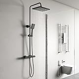 Duscharmatur Schwarz, YOOZENA Duschsystem mit Thermostat, 26x19cm Kopfbrause, Duschkopf mit Schlauch…