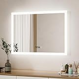 Boromal Badspiegel mit Beleuchtung und Uhr, Badspiegel 80x60cm Badezimmerspiegel mit Beleuchtung 3 Lichtfarbe…