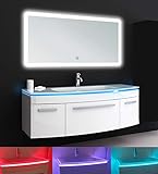 Oimex Jasmin 120 cm Badmöbel mit LED Spiegel Hochglanz Weiß Badezimmer Set mit viel Stauraum LED Waschtisch Glaswaschbecken