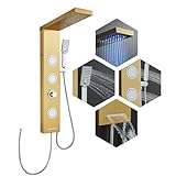 ROVOGO Gold Duschpaneel ohne Armatur, LED Duschsäule mit 4 Funktionen, Regendusche, Massagedusche, Handbrause…