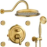 Homekicen Brushed-Gold Antik-Duschsystem mit Düsen: 9 Zoll Regenwasserhahn-Sets Kompletter Wand-Regenkopf…