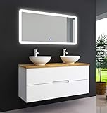 OIMEX TAMBUS 120 cm Bambus Echtholz Designer Badmöbel Set Waschtisch Unterschrank mit 2 Waschbecken mit Spiegel Hochglanz Weiß 2 Schubladen, Größe: Waschtisch mit Waschbecken und LED Spiegel