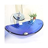 HomeLava Modern Blau Oval Glas Waschbecken mit Wasserfall Armatur,Ablaufgarnitur, Montagering