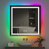 Badspiegel mit RGB Led Beleuchtung: 80x80 cm Quadratisch Badezimmerspiegel mit 3 Farben Frontbeleuchtung…