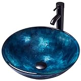 YIMAI Ingenuity Gefäß-Waschbecken, 41,9 cm, gehärtetes Glas, blaue Kunst-Waschbecken, runde Schüssel…