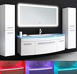 Oimex Jasmin 120 cm Badmöbel mit LED Spiegel + 2X Seitenschrank Hochglanz Weiß Badezimmer Set mit viel Stauraum LED Waschtisch Glaswaschbecken