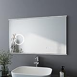 Bath-mann LED Badspiegel 100x60cm mit Beleuchtung kaltweiß Badezimmerspiegel Spiegel mit Touch Lichtschalter, 5X Vergrößerung Lupe Schminkspiegel, Beschlagfrei, Uhr, Wandspiegel Horizontal