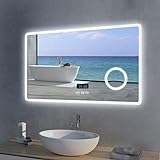 Meykoers Badspiegel 100x60cm LED Badezimmerspiegel mit Beleuchtung mit Touchschalter + Uhr + 3 Lichtfarbe…