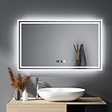 HY-RWML Badspiegel mit Beleuchtung 100x60cm Uhr Badezimmerspiegel Touch Schalter 3 Lichtfarbe Rechteckiger…