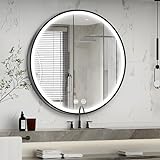KAASUNES Dimmbarer runder Spiegel, 76,2 cm, LED-beleuchtet, Wandhalterung, runder beleuchteter Badezimmerspiegel…