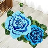 USTIDE Zotteliger Badteppich, blaue Rosen-Badematte, waschbar, Blumen-Badezimmerteppich, Hochflor, rutschfest,…