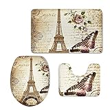 HUGS IDEA Badezimmerteppich-Set, Motiv: Eiffelturm, Schmetterlingsmuster, Memory-Schaum, 3-teilig, inklusive…