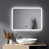 HY-RWML Badspiegel 80x60cm Wandspiegel Badezimmerspiegel Uhr 3 Lichtfarbe mit Beleuchtung Touch Schalter…