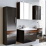Badmöbel Set 5-teilig ● Hochglanz Anthrazit & Walnuss ● Badezimmer Komplettset: Spiegelschrank, Waschtisch…