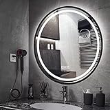 60CM Runder Bad Spiegel - LED Badezimmerspiegel mit Digitale Uhr, LED Licht, Touch Schalter（Schwarzer…
