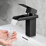 Dmore Wasserfall Einhand-Waschtischarmatur Schwarz Matt, Konkaves Wasserfall Design, Wasserhahn Bad Edelstahl für Badezimmer Waschbecken