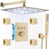 Delnet Duschsystem Verdeckt Gebürstetes Gold 12 Zoll Wandmontage LED Regendusche System mit Körperdüsen…