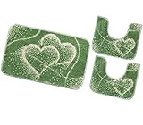 emmevi Badteppich mit Herzen, weich, rutschfest, waschbar, Modell Hibiskus (B) 3-teiliges Set, Grün