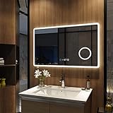 Meykoers badspiegel mit Beleuchtung 100x60cm LED Spiegel mit Vergrößerung,Touch-Schalter,Uhr,Dimmbar…