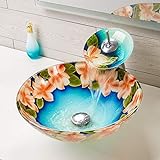 HomeLava Modern Gehärtetes Glas Waschbecken Set Blumen Design Handwaschbecken mit Wasserfall Armatur…