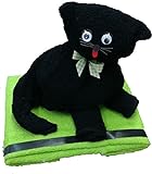 Frotteebox Geschenk Set Katze schwarz in Handarbeit geformt aus 2X Handtuch (100x50cm) schwarz/grün, 1x Gästetuch schwarz