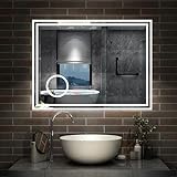 Aica Sanitär Badspiegel mit Bluetooth 80×60cm Schminkspiegel Uhr Kalt/Neutral/Warmweiß dimmbar Touch/Wandschalter…