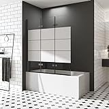 Duschwand für Badewannen 130 x 140 cm 3 teilig Schwarz Milchglas Streife faltbar Duschabtrennung Dekor…