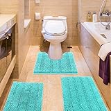 ACCUMTEK Gestreiftes blaugrünes Badezimmerteppich-Set, 3-teilig, ultraweich, rutschfest, Chenille, WC-Vorleger,…