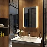Meykoers Wandspiegel Badezimmerspiegel LED Badspiegel mit Beleuchtung 70x50cm Warmweiß 3000K, Spiegel mit Beleuchtung Lichtspiegel ohne Schalter