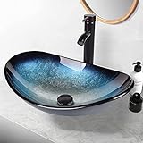 ARTETHYS Waschbecken Glas Aufsatzwaschbecken mit Wasserhahn Ablaufgarnitur, Oval Waschschale Waschtisch…