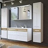 Lomadox Badezimmer Doppel-Waschtisch Set, Hochglanz weiß mit Wotaneiche, Waschtisch-Unterschrank mit Keramik-Waschbecken