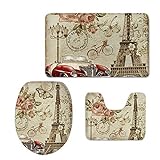 Coloranimal Badezimmerteppich-Set, Motiv: Paris Eiffelturm und Blume, 3-teiliges Set, rutschfeste Flanellmatten