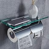Toilettenpapierhalter Wand-montiert mit Glas Ablage Klopapierhalter Messing Papierhalter für Badezimmer, 35cm, Chrome