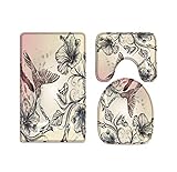 A.Monamour Badezimmer Badematte 3 Teilig Set Silhouette Der Kolibri Und Hibiskusblüten Vintage Blumenkunst…