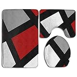 JOOCAR 3-teiliges Set Badematte + WC-Deckelbezug + Badvorleger + Badematte rot grau schwarz weiß geometrisch…