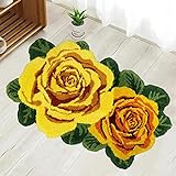USTIDE Shaggy Badezimmerteppich Rosen Badteppich Waschbar Blumen Badvorleger rutschfest Gelb Badezimmerteppich…