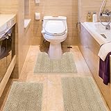 ACCUMTEK Gestreiftes hellbeige Badezimmerteppich-Set, 3-teilig, ultraweich, rutschfeste Chenille-WC-Vorleger,…