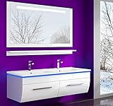 HOMELINE Badmöbel Set Waschbecken Spiegel und Ablage Vormontiert Badezimmermöbel Doppelwaschbecken Weiss 120 cm LED Hochglanz lackiert Homeline1