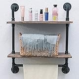 Badezimmer-Regal, Wandmontage, 2 Etagen, 61 cm, industrielles Rohrregal, rustikales Holzregal mit Handtuchstange,…