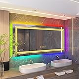 LUVODI RGB LED Bad Spiegel: 140x70cm Dimmbar Badspiegel mit 3 Farben Frontbeleuchtung und 8 RGB Hintergrundbeleuchtung…