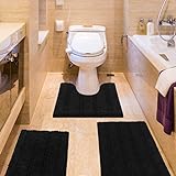 ACCUMTEK Gestreiftes schwarzes Badezimmerteppich-Set, 3-teilig, ultraweich, rutschfeste Chenille-WC-Vorleger,…