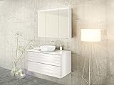 Design Badmöbel-Set Khalix mit Aufsatzbecken und innovatiben Wasserablauf - 100 cm breit - Holzdekor Weiß - Badezimmermöbel Waschtisch Spiegelschrank mit Beleuchtung Sieper Jokey