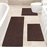 ACCUMTEK Upgrade gestreiftes braunes Badezimmerteppich-Set, 3-teilig, ultraweich, rutschfeste Chenille-WC-Vorleger,…