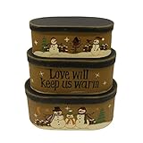 CVHOMEDECO. Ovale rustikale Vintage "Love Will Keep Us Warm" Nistkästen aus Karton für Sammlerstücke, groß 24,7 x 14 x 10 cm, 3er Set.