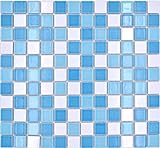 Mosaik Keramik Schwimmbadmosaik Mosaikfliese blau weiss glänzend Duschwand MOS18-0407/1 Mosaikmatte