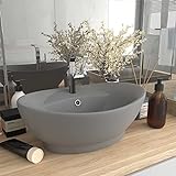 HOMIUSE Luxus-Waschbecken Überlauf Matt Hellgrau 58,5x39cm Keramik Waschbecken Waschtisch Aufsatzwaschbecken…