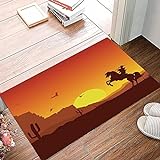 Badematte 50x80cm, Rutschfeste Badteppich, Western, American Wild West Desert mit Cowboy auf Pferd Sunset…